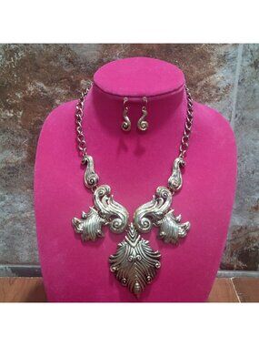 Lucia Gold Tone Statement Necklace Earrings Set Ornate Scroll Floral